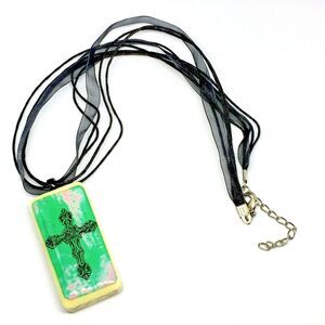 Domino Necklace Pendant Handmade Black Cross Green Pink 18 Inch Chain Bones Dots